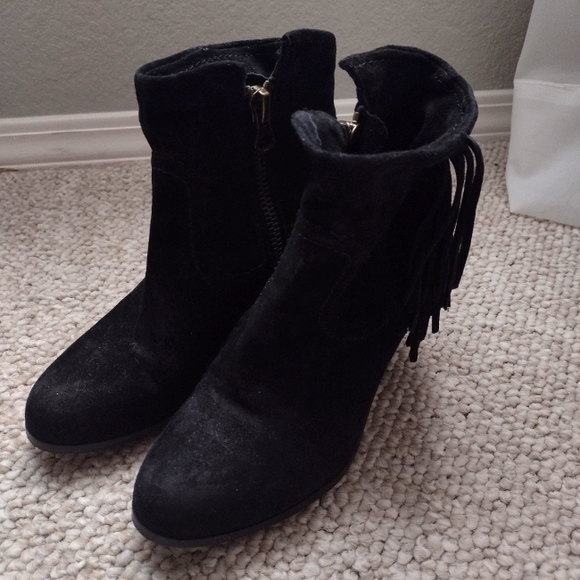 Black Suede Booties with Fringe - Picture 1 of 4